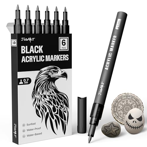 JusArt 0.7mm Fine Point Black Acrylic Paint Marker, 6 Pack | Black Paint Marker for Rock Painting, Art Projects, Ceramic, Glass, Wood, Metal, Fabric, DIY, Ideal for Art Supplies - color: Black, size: 6 PCS