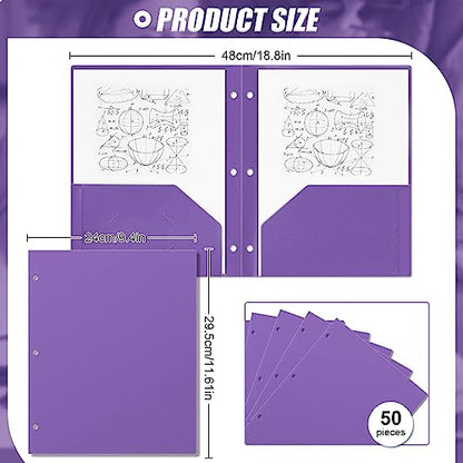 Yeaqee 50 Pcs Plastic Folders with Pockets Bulk 3 Hole Punched 2 Pocket File Folders for 3 Ring Binder Divider Folder for Notebooks, Durable Poly for Office Home (Purple) - color: Purple
