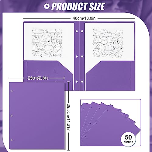 Yeaqee 50 Pcs Plastic Folders with Pockets Bulk 3 Hole Punched 2 Pocket File Folders for 3 Ring Binder Divider Folder for Notebooks, Durable Poly for Office Home (Purple) - color: Purple