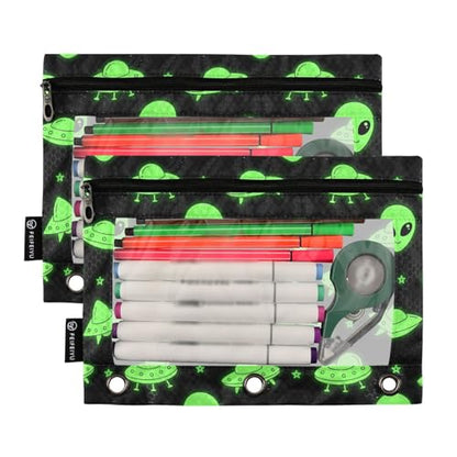 Alien UFO Pencil Pouches for 3 Ring Binder, Zipper Binder Pencil Case, 2 Pack Clear Window Case Bag for Office Organizers - color: Alien Ufo