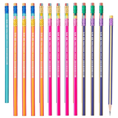 M&G Aurora Series 24 Pack HB Triangular Wood-Cased Pencils, Unsharpened with Erasers, Smooth Writing Break-Resistant Core, 6 Two-Tone Striped Colors for School Office Classroom Supplies - style: AURORA