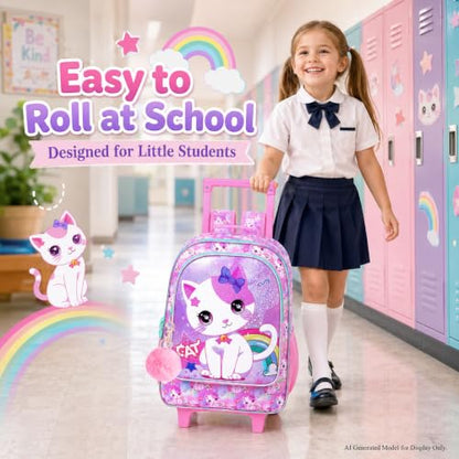 gxtvo Girls Rolling Backpack, Cute Cat Roller Wheels Kids Bookbag - Wheeled Elementary School Bag - 3PCS Cat - color: Uv Printing White Cat Rolling Backpack