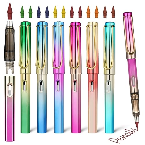 Ainiv Colored Inkless Pencil, 12 Sets No Sharpen Infinity Pencil Reusable Everlasting Pencil with Extra 12 Color Replaceable Nibs Forever Pencil for Writing Drawing Home Office School Supplies - color: 6 Sets Gradient
