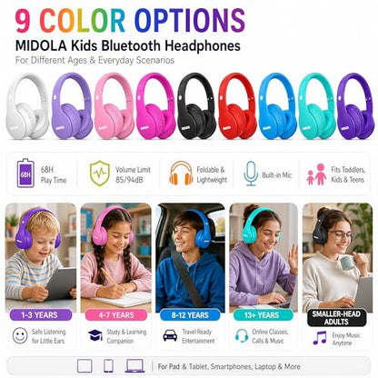 MIDOLA Kids Bluetooth Headphones 68H Play Time,Volume Limit 85/94dB, Foldable Lightweight Wireless Over-Ear Headphone for Kid Toddler Child Pad Tablet,Headsets with Built-in Mic Light Purple - color: Light Purple