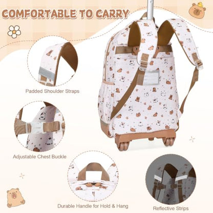 Capybara Theme Rolling Backpack with Lunch Bag & Pencil Case, Kids Rolling Backpack for Girls, Wheeled School Bookbag with Telescoping Handle for Kindergarten Elementary Middle High School - color: Beige
