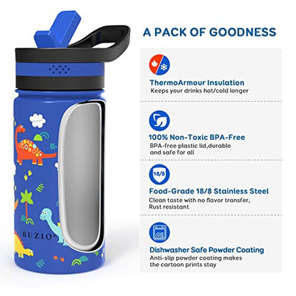 14oz Kids Insulated Water Bottle with 2 Tritan Straw Lids, BUZIO Toddlers Stainless Steel Bottle, Double Walled Wide Mouth Sports Drink Flask Simple Thermo Canteen Cup, with Blue Dinosaur Park - color: Blue Dinosaur Park