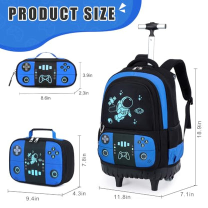 Bevalsa Rolling Backpack for Boys,Cool Luminous Gamer Roller School Backpacks with Lunch Box & Pencil Case,Kids Wheeled Schoolbag Bookbag with Wheels for Kindergarten Elementary School Travel - color: Blue Astronaut