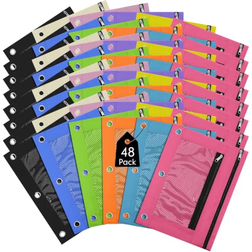 Leelosp 48 Pack Pencil Pouch for 3 Ring Binder Mesh Zipper Pencil Case Bags Binder Pouches Bulk for School Writing Utensils Storage Supplies (Vivid Colors) - color: Vivid Colors
