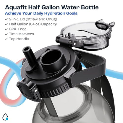 AQUAFIT 64 oz Water Bottle with Handle, 2in1 Lid | BPA Free Half Gallon Water Bottle with 2in1 Straw and Chug Lid - Leakproof Gym Water Bottle with Time Marker (Midnight Gray) - color: Midnight Gray