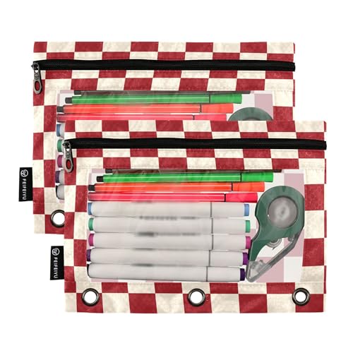 Crimson Buffalo Plaid Binder Pouches 3 Ring for Boys Girls School Office College Supplies White Chessboard Red Friebrick DarkRed Pencil Pouches Case Bag with Clear Window and Zipper 2 Pack - color: Red