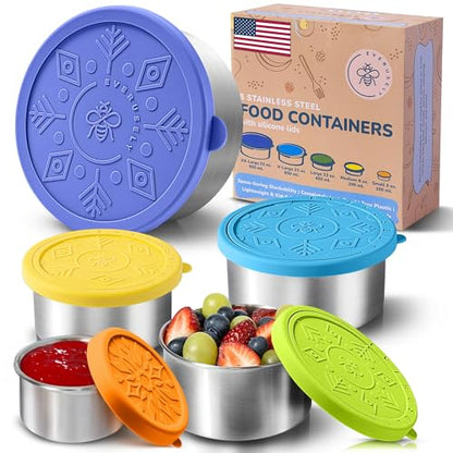 Stainless Steel Food Containers, Metal Lunch Boxes, Set of 5, Summer | Everusely lunch containers feature colorful lids and offer durable utility for snacks, meal prep, and food storage. - color: Summer