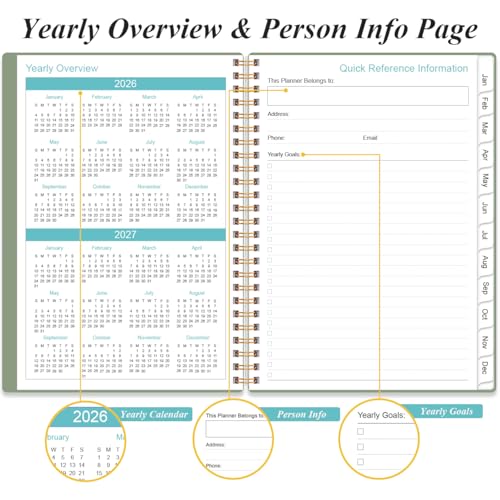Daily Planner 2026 Full Page Per Day- 2026 Daily & Monthly Planner from January 2026 to December 2026, Day Planner 2026 with 12 Months Tabs, 6.4" x 8,5", Green - color: Green, size: 6.4" x 8.5"