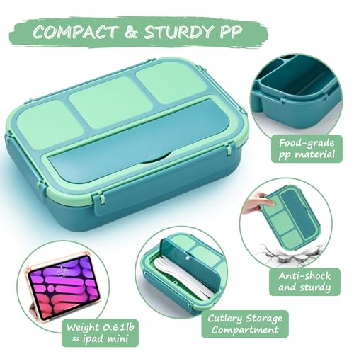 QQKO Bento Box for Kids Adults, School Toddler Lunch Box for Boys Girls, Lunch Box Containers with 4 Compartments, Sauce Container, Utensils, Food Picks and Muffin Cups for School, Green - color: Green