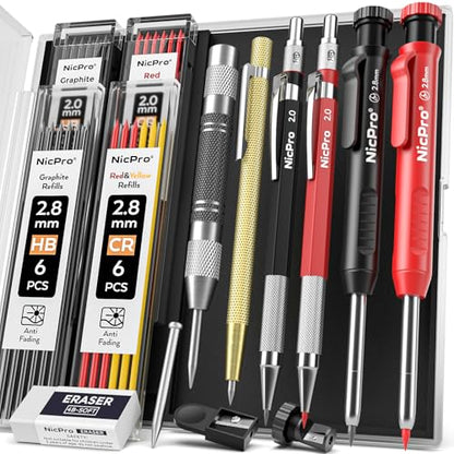 Nicpro 11 Pack Carpenter Pencil Set with Sharpener, Mechanical Carpenter Pencils with 40 Refill, Automatic Center Punch and Carbide Scribe Tool, Heavy Duty Construction Pencil for Architect-With Case - size: 15 Pack