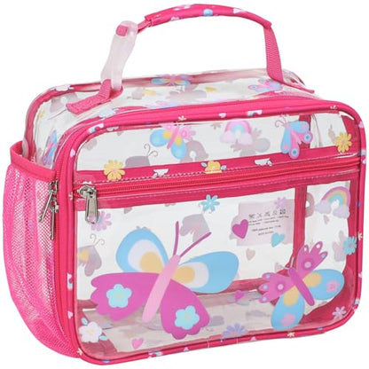 Bagseri Clear Kids Lunch Bag - School Snack Bag with Bottle Holder | Side Pocket, Buckle Handle, Wide Opening, PEVA Lining, School Kids Lunch Box, Clear Toy Bags, Pink Butterfly - color: B-rose pink butterfly
