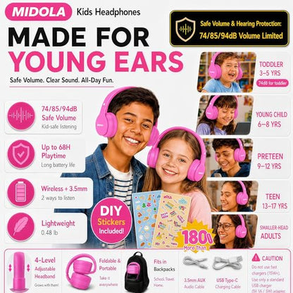 MIDOLA Kids Bluetooth Headphones 68H Play Time,Volume Limit 85/94dB, Foldable Lightweight Wireless Over-Ear Headphone for Kid Toddler Child Pad Tablet,Headsets with Built-in Mic Hot-Pink - color: Rose Pink
