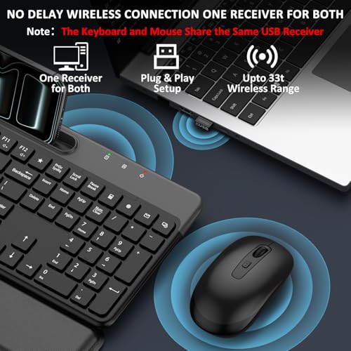 Wireless Keyboard and Mouse Combo, 2.4G Full-Sized Ergonomic Computer Silent Keyboard with Soft Wrist Rest, Phone Tablet Holder, 3 DPI Quiet Mouse for Windows, Mac OS Laptop/PC/Desktop