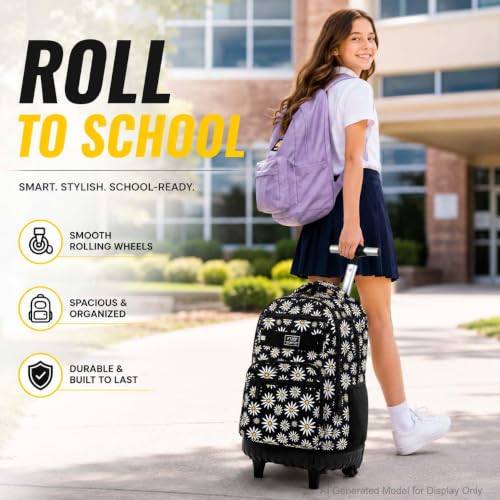 gxtvo Girls Rolling Backpack, Women Roller Bookbag with Lunch Box for Adults, Water Resistant Wheeled School Bag for College Teens Kids Travel - Black Flower - color: Chrysanthemum Black