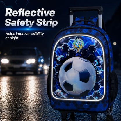 CCJPX 3PCS Soccer Rolling Backpack for Boys, Roller School Bookbag with Lunch Box, Football Water Resistant Wheeled Backpacks for Teens Elementary Travel-Blue - color: Blue Football