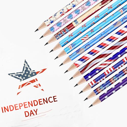 American Flag Themed Wood Pencils with Eraser, 48pcs Patriotic Pencils in 12 Designs, USA Flag Gifts Pencil for 4th of July USA Independence Day Parades Party Favors School Office Supplies