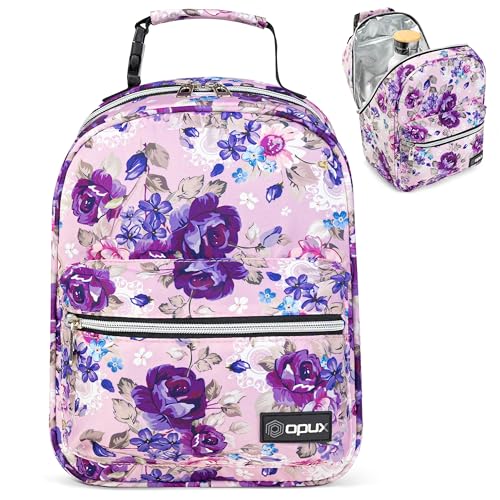 opux Insulated Lunch Box for Kids & Adults, Leakproof Reusable Lunch Bag for Work School Office, Soft Cooler Lunchbox for Girls Boys Women Men with Clip-On Buckle & Front Pocket, Floral Purple - color: Purple Flowers