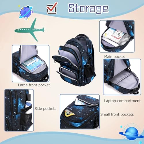 3Pcs Boys Galaxy Rolling Backpack Kids Backpack with Wheels Trolley Bookbag Wheeled School Bag with Lunch Bag - color: Large 6wheels-3pcs Black Blue-starry Sky, size: Large 3-Piece Set