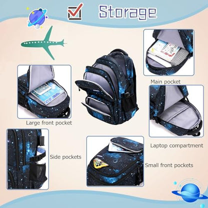 3Pcs Boys Galaxy Rolling Backpack Kids Backpack with Wheels Trolley Bookbag Wheeled School Bag with Lunch Bag - color: Large 6wheels-3pcs Black Blue-starry Sky, size: Large 3-Piece Set