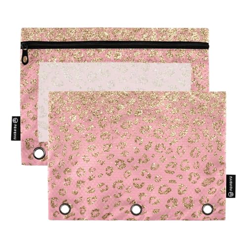 Pencil Pouch for 3 Ring Binder Golden Leopard Gold Glitter Binder Pencil Case with Smooth Zipper Clear Window Pencil Case 2 Pack for Office School College Supplies - color: Golden Leopard Gold Glitter