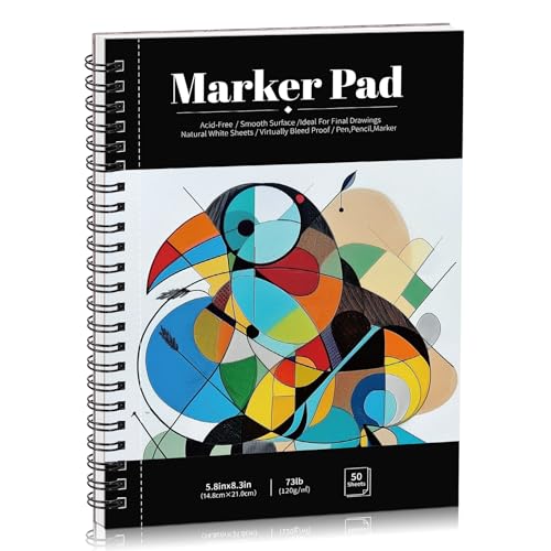 50 Sheets Marker Paper Pad, 5.8×8.3 Inch Bleedproof Art Sketch Pad, 73lb/120gsm Drawing Paper Spiral Sketch Book, Painting Coloring Alcohol Marker Paper for Beginners, Artists, Gift - size: 5.8×8.3 Inch (50 Sheets )