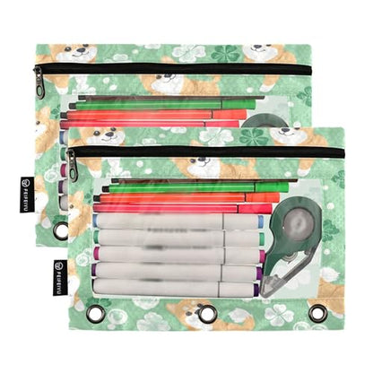 Shiba Inu Clover Dog Binder Pouch 3 Ring Clear Pouches with Zipper Pen Organizer for Office, 2 Pack - color: Multi-shiba Inu Clover Dog