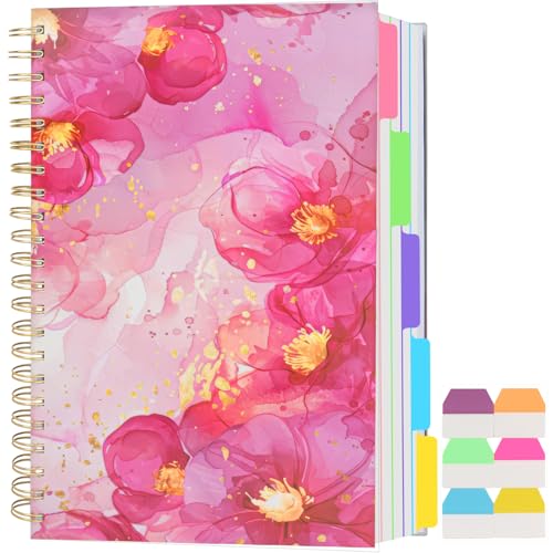 5 Subject Notebook College Ruled, A5 Spiral Notebook with Removable Pocket Dividers Tabs, Lined Organizer Notebook Journal for Women, 240 Pages Notebooks for Work School Note Taking, Pink Floral - color: Pink Floral