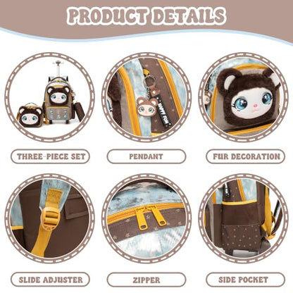 Girls Rolling Backpack for Kids with Wheels,Cute 3D Kids Rolling Backpack for School,Lightweight Kids Luggage for 6-8,Large Capacity BookBag with Wheels & Telescopic Handle - color: 3d Plush Cute Bronze