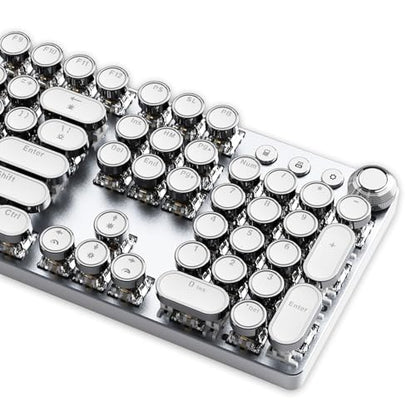 Typewriter Keyboard, Wired Mechanical, 104-Key, Silver White | Hot Swappable, Volume Knob, White Backlight, Linear Switches, Aluminum Panel, Full Size Layout, 26-Key Rollover