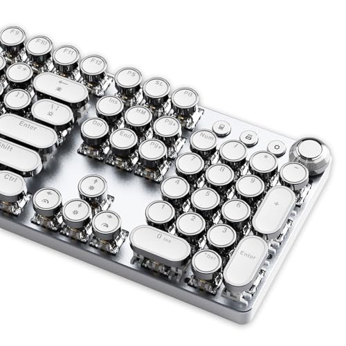 Typewriter Keyboard, Wired Mechanical, 104-Key, Silver White | Hot Swappable, Volume Knob, White Backlight, Linear Switches, Aluminum Panel, Full Size Layout, 26-Key Rollover