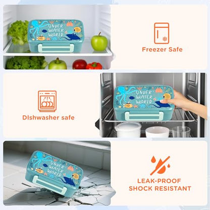 MAISON HUIS Bento Box for Kids with 8oz Soup Thermo, Insulated Lunch Bag & 17oz Water Bottle, 2-Compartment Bento Box with Built-In Ice Pack, Leak-Proof & BPA-Free - color: Blue2