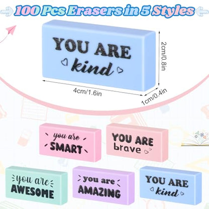 100 Pcs Inspirational Pencil Erasers Bulk Fun Motivational Eraser for Kids Students Teachers Back to School Office Supplies Prize Reward Graduation Gift