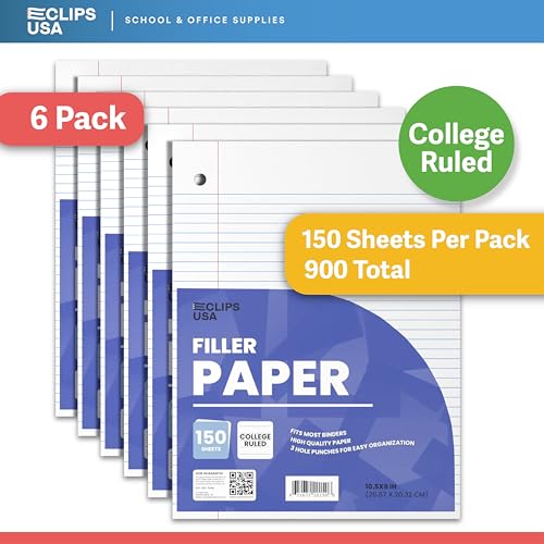 Loose Leaf Paper College Ruled Notebook Paper College Ruled Lined Paper Writing Paper Filler 10.5” x 8” 900 Sheets 150 Sheets Per Pack 60 gsm (6 Pack) - size: 6 Pack