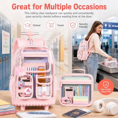 WZLVO 3PCS Clear Backpack Rolling Backpack for Girls, Heavy Duty PVC Transparent Bookbag, See Through School Bags with Wheels for Teens Women Elementary Travel - Pink - color: Pink