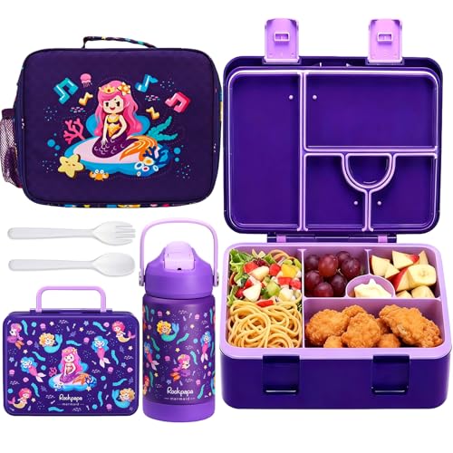 rockpapa Kids Lunch Box Set with 14oz Insulated Water Bottle & Lunch Bag, Leakproof 5.5 Cups Bento Box for School & Children, BPA-Free, Microwave Safe for Boys Girls (Purple Mermaid) - color: Purple Mermaid
