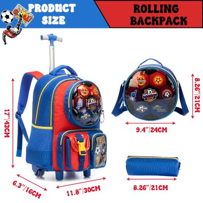 Meetbelify Kids Rolling Backpack with Wheels for Boys Rolling Backpacks with Lunch Box for Elementary School Students 3 in 1 Travel Luggage Suitcase for Boys Age 8-10 - color: Football Blue Red