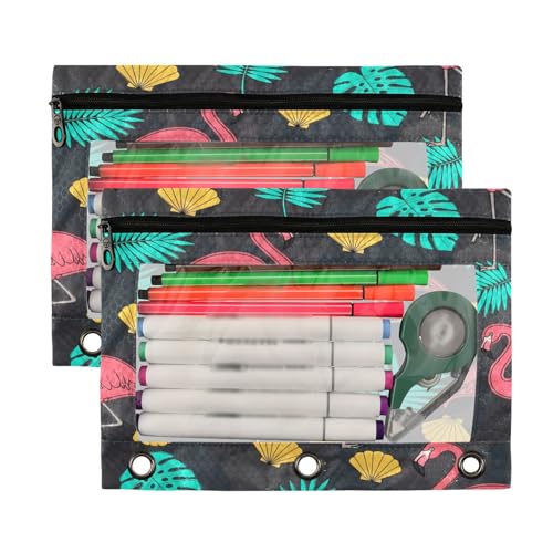 Blueangle Flamingo and Palm Leaves Pencil Pouch for 3 Ring Binder, 2 Pack Clear Window Zipper Pencil Bags for Office