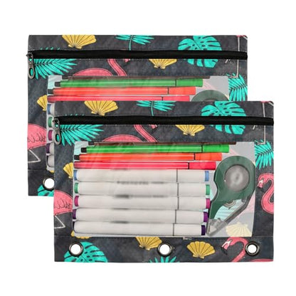 Blueangle Flamingo and Palm Leaves Pencil Pouch for 3 Ring Binder, 2 Pack Clear Window Zipper Pencil Bags for Office