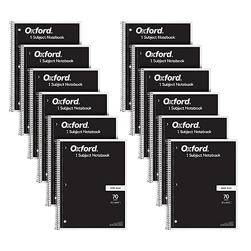 Oxford Spiral Notebook 12 Pack, Bulk College Ruled Spiral Notebooks for School, 1 Subject, Wide Ruled Paper, 8 x 10-1/2 Inch, Black Covers, 70 Perforated Lined Sheets, Writing Journal (65216)