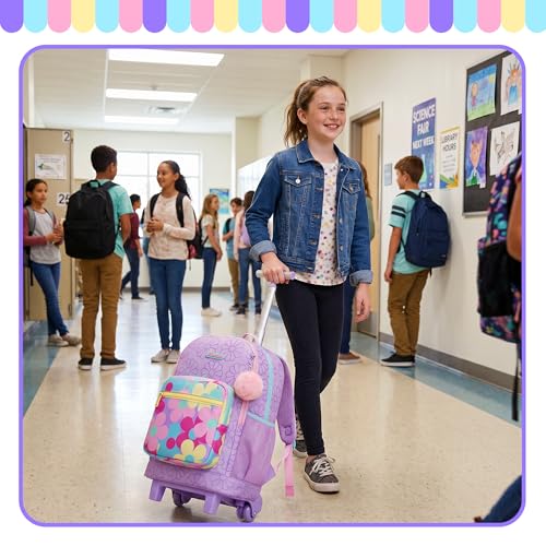 Rolling Backpack for Girls,Backpack with Wheels for Girls Kids Wheeled School Bag Set with Lunch Bag & Pencil Case,Flower Print Elementary Trolley Bookbag for Travel - color: Purple Flower