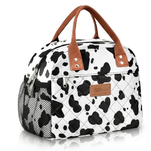 HOMESPON Insulated Lunch Bag for Women Men, Cooler Tote Box, Dairy Cow | Front Pocket, Side Mesh Pockets, Reusable, for Work, Picnic, Food Container - color: Cow Print