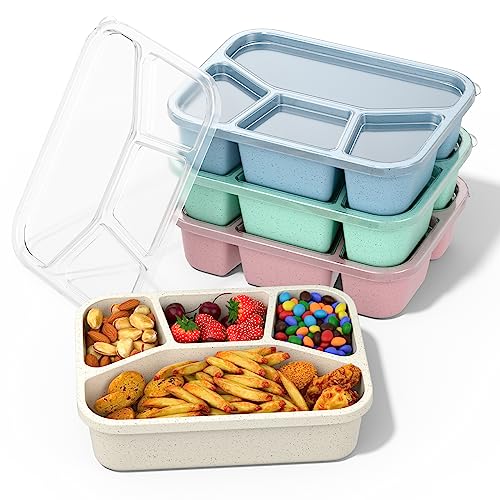 Bento Box Adult Lunch Box (4 Pack), 4-Compartment Meal Prep Container for Kids, Reusable Food Storage Containers with Transparent Lids, No BPA, Microwaveable (Wheat (Green/Blue/Pink/Beige)) - color: Wheat (Green/Blue/Pink/Beige)