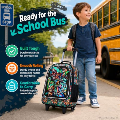 AGSDON 3PCS Rolling Backpack for Girls and Boys, Kids Roller Wheels Bookbag, Wheeled Elementary School Bag with Lunch Bag - color: Dinosaur Roller