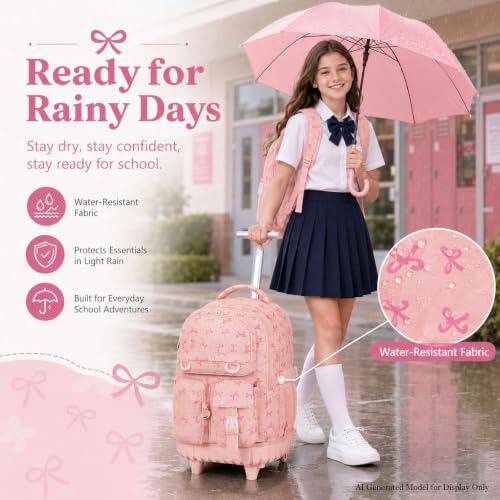 CCJPX 3Pcs Rolling Backpack for Girls, Roller Wheeled School Bookbag, Bow Wheels Backpacks with Lunch Box for Kids (Pink) - color: Bow Pink