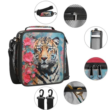 Graffiti Tiger Boys Lunch Box for School Insulated Kids Lunch Box Reusable Leakproof Lunch Bag Thermal Cooler Tote Picnic Lunchbox with Adjustable Shoulder Strap Back to School Gifts for Teens Boys - color: Tiger Flowers