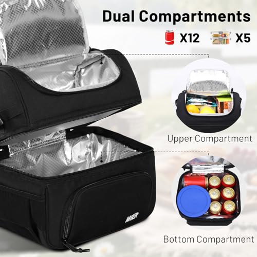 MIER Dual Compartment Lunch Bag Tote with Shoulder Strap for Men and Women Insulated Leakproof Cooler Bag, Black - color: Black